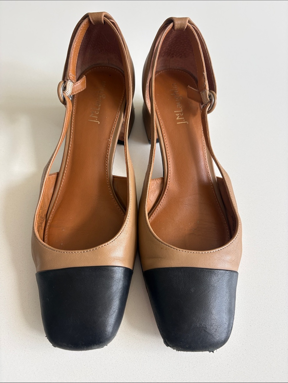 J. McLaughlin Tan and Black Capped Toe Leather Slingback Pumps. Size 7.5